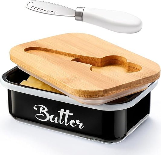 Butter Dish with Lid for Countertop, AISBUGUR Metal Butter Keeper with Stainless Steel Multipurpose Butter Knife, Large Butter Container with Double High-quality Silicone Good Kitchen Gift Black