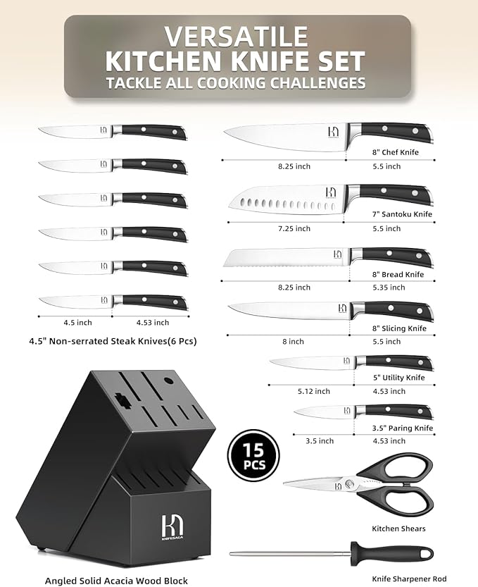 2026 Knife Set 15 Pcs Japanese High Carbon Stainless Steel Kitchen Knife Sets with Block & Sharpener, Premium Razor-Sharp Black Knives Block Set for Kitchen, Ergonomic Full-Tang Handle