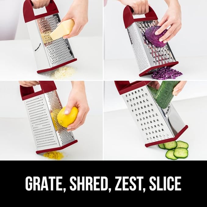 GORILLA GRIP 4-Sided Stainless Steel Cheese Grater With Container, 100% BPA-Free Box Grater, Slip Resistant Base and Handle, Grate Parmesan, Hard Cheeses, Shred Vegetables, Dishwasher Safe, Red