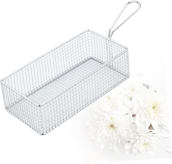 Chip Frying Basket French Fry Basket Metal Food Strainer Stainless Steel Rectangular Fry Basket Net Strainer Basket Spider Strainer Skimmer Ladle Mesh Frying Basket Blush With Ears