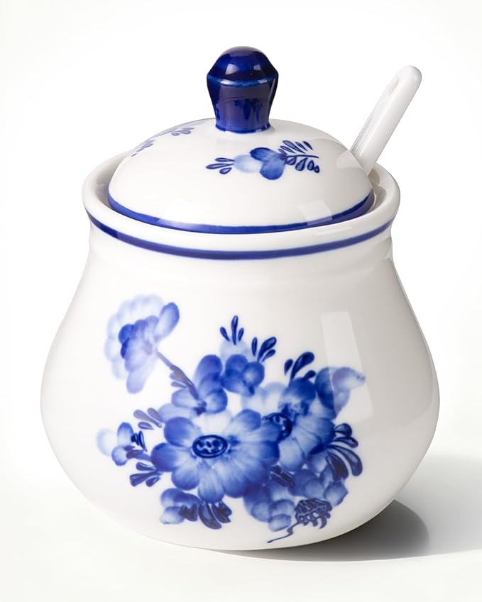 Ceramic Sugar Bowl with Lid and Spoon, 11Oz Sugar Container for Coffee Bar, Blue and White Sugar Jar/Dispenser, Flower