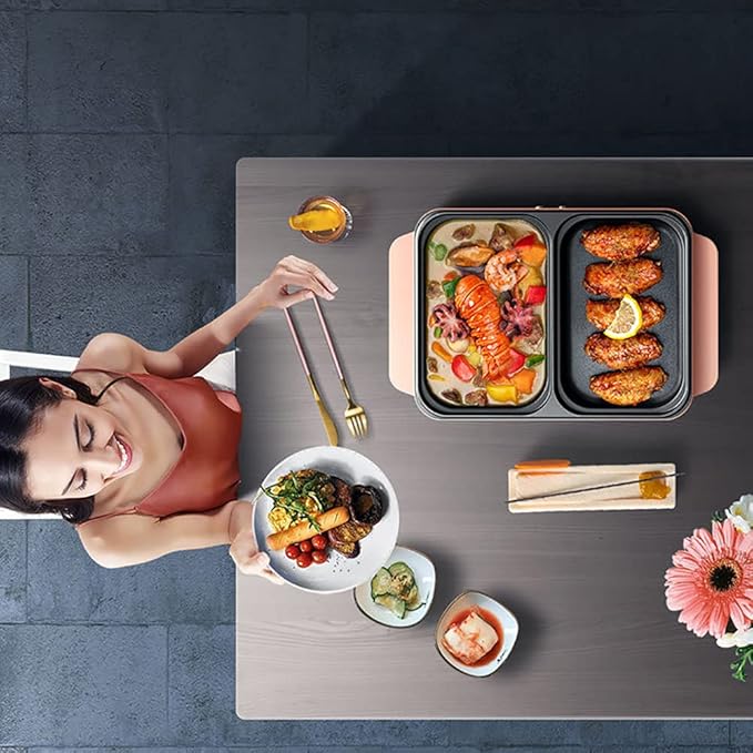 Hot Pot with Grill,2 in 1 Indoor Non-Stick Electric Hot Pot and Frying Pan,Independent Temperature Control,Portable Smokeless Korean BBQ Grill for Indoor Outdoor Party, 11.4 x 8.7 x 4.3