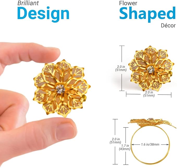 12 Pack Flower Napkin Rings Holders Clear Rhinestone Décor Dinner Party Wedding Christmas Gathering
