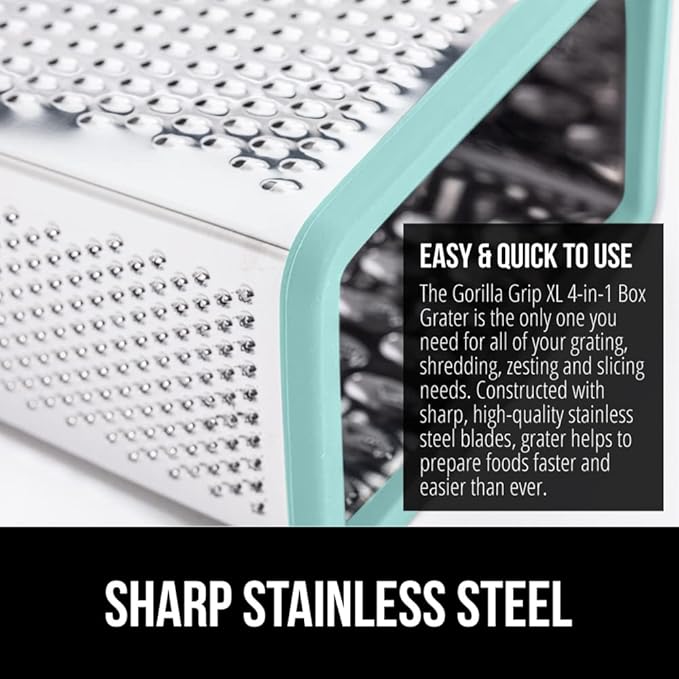 GORILLA GRIP 4-Sided Stainless Steel Cheese Grater With Container, 100% BPA-Free Box Grater, Slip Resistant Base and Handle, Grate Parmesan, Hard Cheeses, Shred Vegetables, Dishwasher Safe, Mint