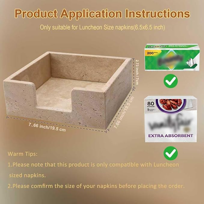 Luncheon Napkin Holder,Travertine Stone Napkin Holders Fit for 6.5”x6.5” Luncheon-Sized Napkins,Stone Napkin Holder for Table Kitchen Counter Dining Room Party Bar Decor,Beige