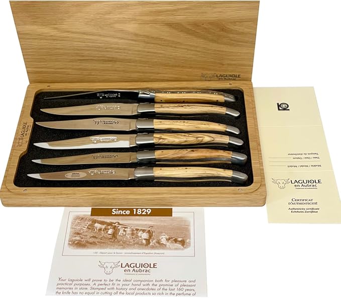 Laguiole en Aubrac Luxury Fully Forged Full Tang Stainless Steel Steak Knives 6-Piece Set with Olivewood Handle, Stainless Steel Matte Bolsters