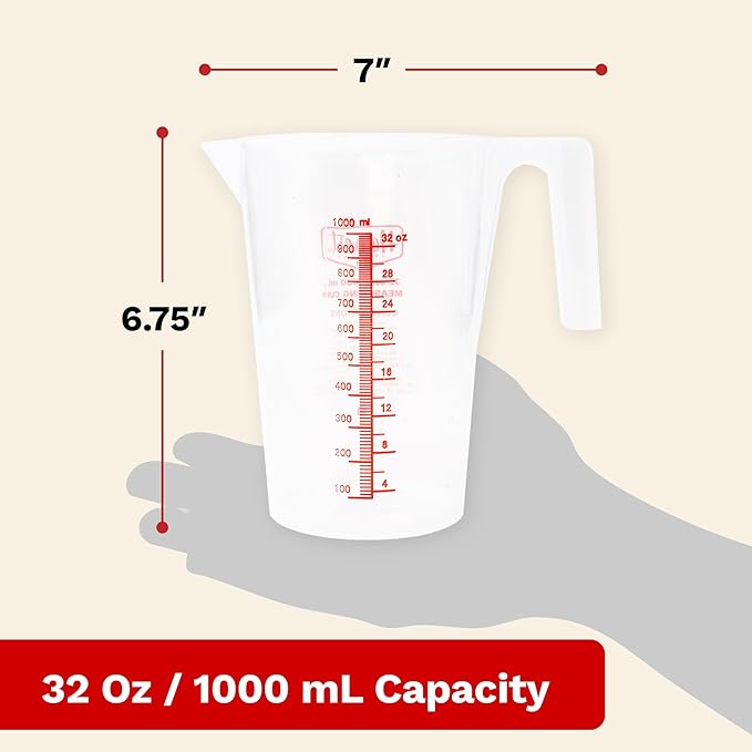 The Harvest Company 1000ml Calibrated Measuring Cup, Milliliters and Ounces, Clear Plastic with Spout for Mixing and Measuring Fertilizers, Pesticides and More