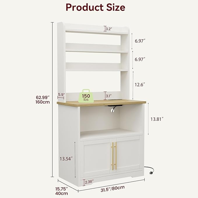 IDEALHOUSE Bakers Rack with Storage Cabinet, Microwave Stand with Power Outlets, Farmhouse Bakers Rack with Thick Table Top, Small Kitchen Bakers Rack for Kitchen,Dining Room,White & Peer Wood