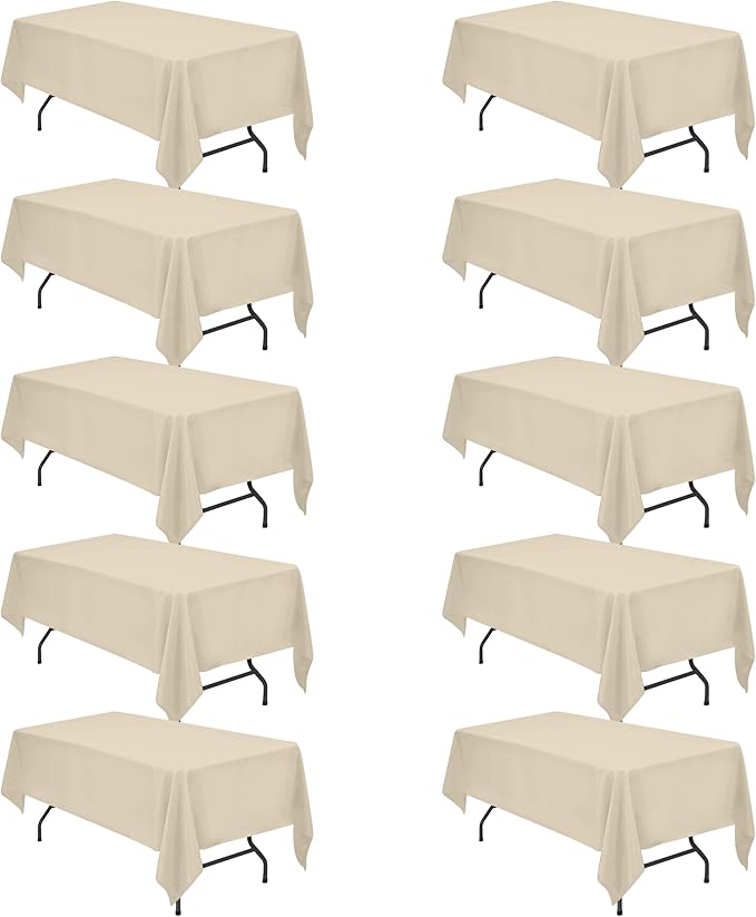 BRILLMAX 10 Pack Beige Tablecloths 60 x 102 Inch for 6ft Rectangle Tables - 150 GSM Polyester Fabric, 15" Standard Drop, Water, Stain & Wrinkle Resistant Cloth Cover for Wedding Dining Buffet