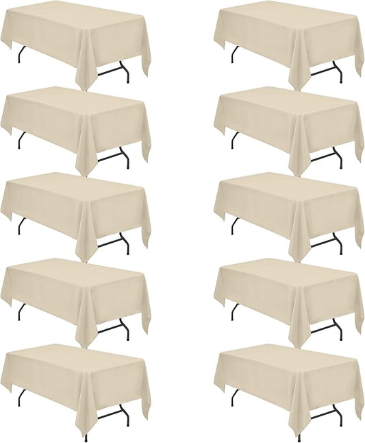 BRILLMAX 10 Pack Beige Tablecloths 60 x 102 Inch for 6ft Rectangle Tables - 150 GSM Polyester Fabric, 15" Standard Drop, Water, Stain & Wrinkle Resistant Cloth Cover for Wedding Dining Buffet