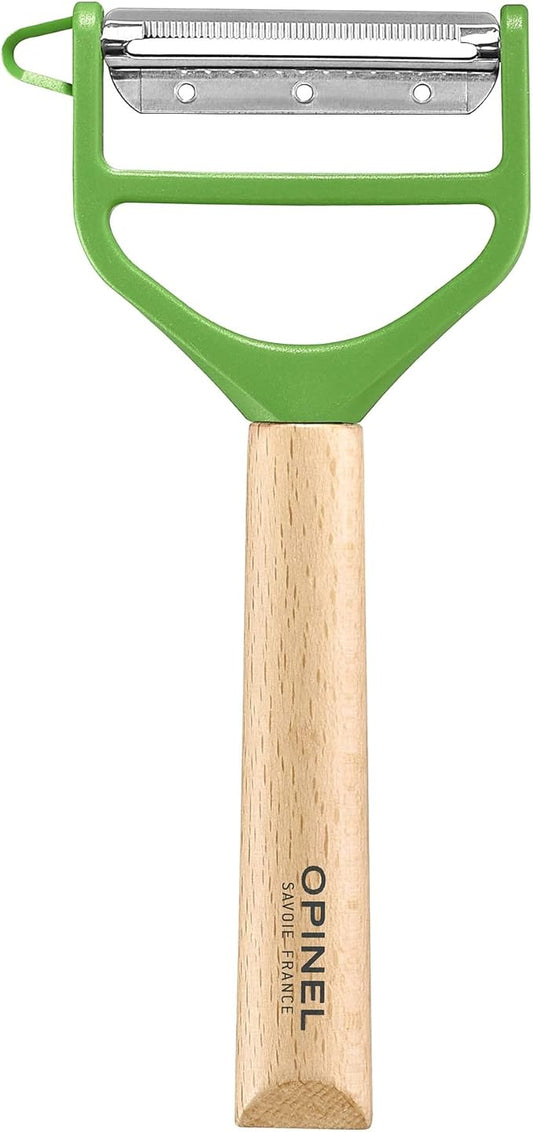 OPINEL - T-Duo Wooden Handle Peeler - Stainless Steel Blades - Comfortable Grip - 1 Micro-Serrated Blade for Peeling + 1 Blade for Preparing Vegetables (Green)