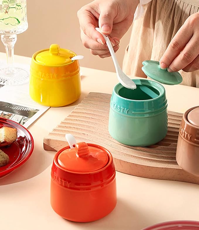Colourful Ceramic Spice Jar Seasoning Box Condiment Pot Sugar Bowl with Lid Spoon-Green