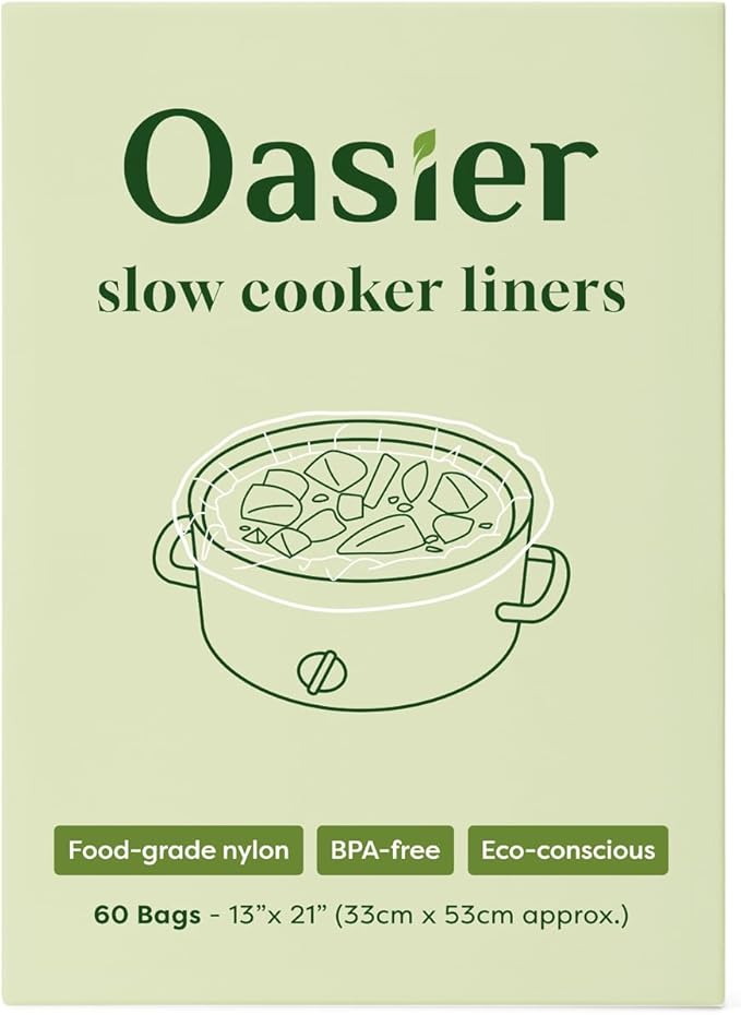 Oasier Slow Cooker Liners, Disposable Oval Large Size 13" x 21", 60 Count, Fits 3-8 Quart Pot Cooking Bags for Easy Cleanup, Food Safe & Leak-Proof