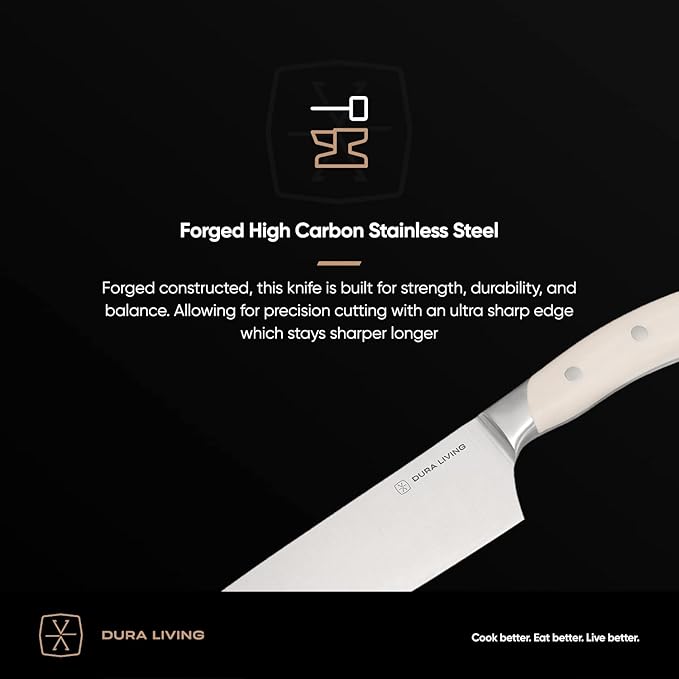 DURA LIVING 7-Inch Santoku Knife – Ultra-Sharp German High Carbon Stainless Steel, Full Tang, Ergonomic Handle, Multipurpose Kitchen Knife for Chopping, Slicing, and Dicing, Cream