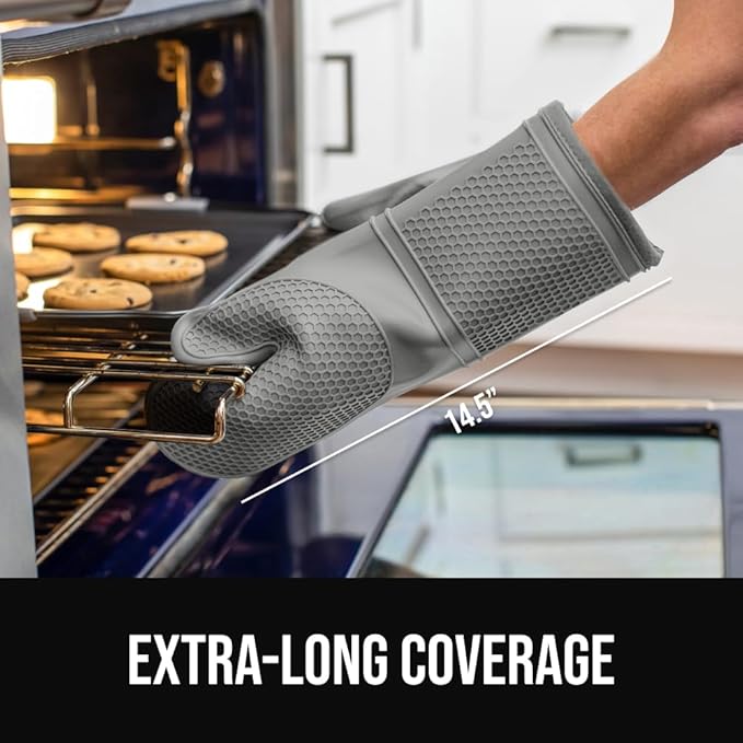 GORILLA GRIP BPA-Free Soft Silicone Oven Mitts, 14.5x8.3, Heat Resistant and Waterproof Cooking Gloves, Thick Cotton Lining, Flexible Gripping for Baking Grilling, Kitchen Potholders Set of 2, Gray