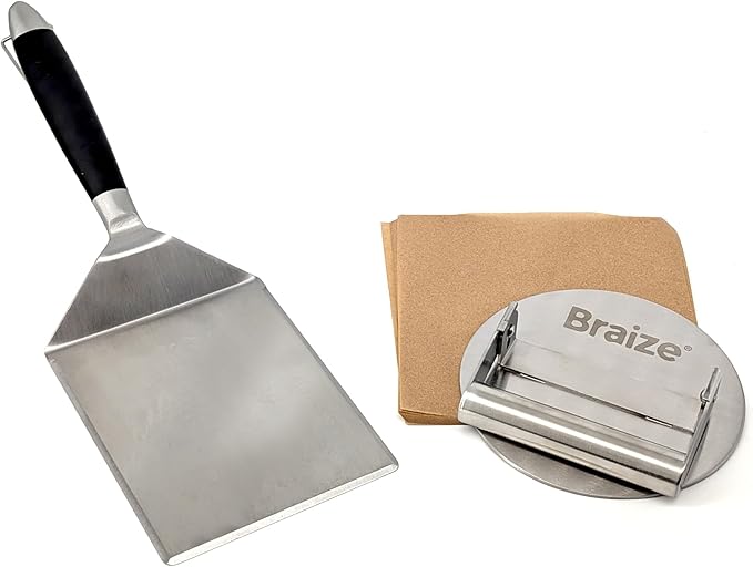 Smash Burger Press Kit – 6.5 Inch Stainless Steel Hamburger Smasher Tool – Heavy Duty Grill Press for Flat Top Griddles and Cast Iron Pan – Perfect for Crispy Smashed Burger Patty – Spatula Set