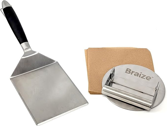 Smash Burger Press Kit – 6.5 Inch Stainless Steel Hamburger Smasher Tool – Heavy Duty Grill Press for Flat Top Griddles and Cast Iron Pan – Perfect for Crispy Smashed Burger Patty – Spatula Set