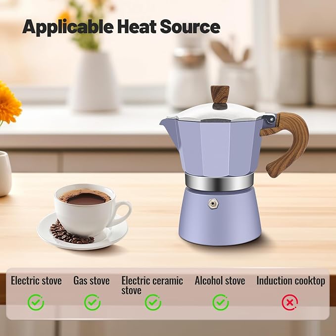 Vaolvpant 6 Cup Aluminum Moka Pot Classic Stovetop Espresso Coffee Maker 300ml 10oz Coffeemaker Percolator Mocha Pot Greca Coffee Maker Cafe Makers for Italian and Cuban Café Brewing Purple