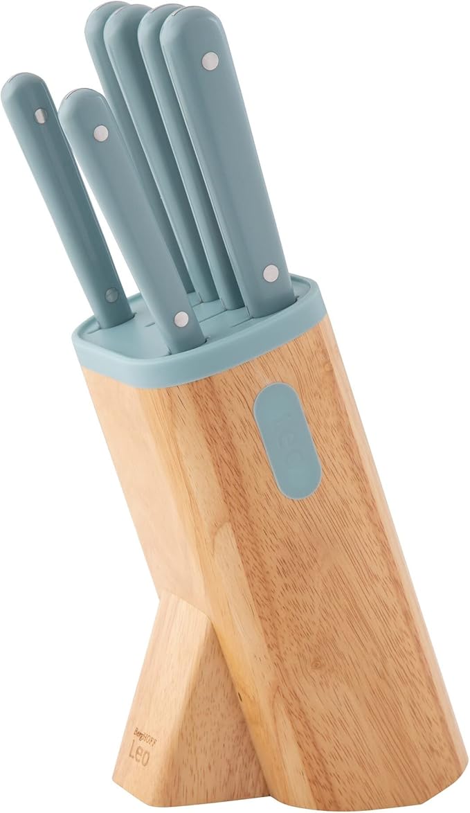BergHOFF Slate 7Pc Knife Block Set, Kitchen Knives, Wood Block, Stainless Steel Sharp Blade, Anti-skid Base, Strong Magnet for Scissors