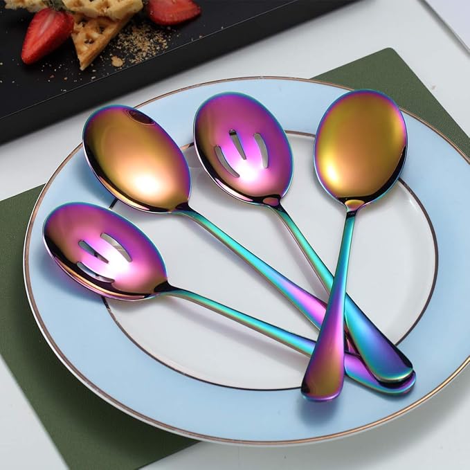 Kyraton Rainbow Serving Set - 4 Piece Titanium Plated Utensils, Includes 2 Spoons and 2 Slotted Spoons