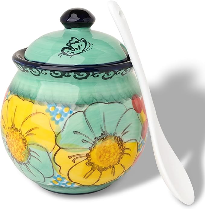 silesia Handmade Sugar Bowl with Lid and Spoon, 8 oz Hand-Painted Ceramic Sugar Jar, Floral Design Seasoning Container for sugar, honey, or spices, Dishwasher Safe (Flowers Green)