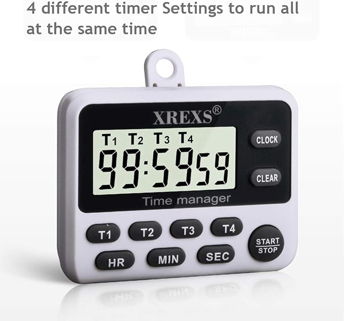 XREXS 4-Channel Digital Kitchen Timer Clock with Large LCD Display, 4 Groups Simultaneous Timing Countdown Up Pocket Timer, Magnetic Attachable (Battery Included)