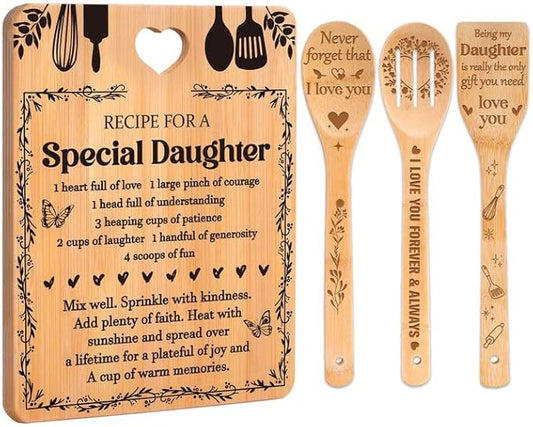 Gifts for Daughter - "Recipe for a Special Daughter" Daughter Birthday Gifts Cutting Board Set, Bamboo-Made Engraved Utensil Set Birthday Gifts for Daughter, Daughter Gifts