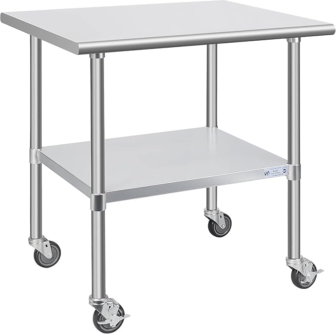 Hally Stainless Steel Table for Prep & Work 30 x 36 Inches with Caster Wheels, NSF Commercial Heavy Duty Table with Undershelf and Galvanized Legs for Restaurant, Home and Hotel