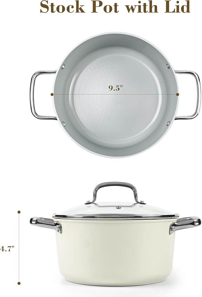 Zalnuuk Ceramic 5 Qt Nonstick Stock Pot with Lid, Soup Pot, Easy to Clean Non Stick Pasta Pot, PFOA PFAS PTFE Free, White