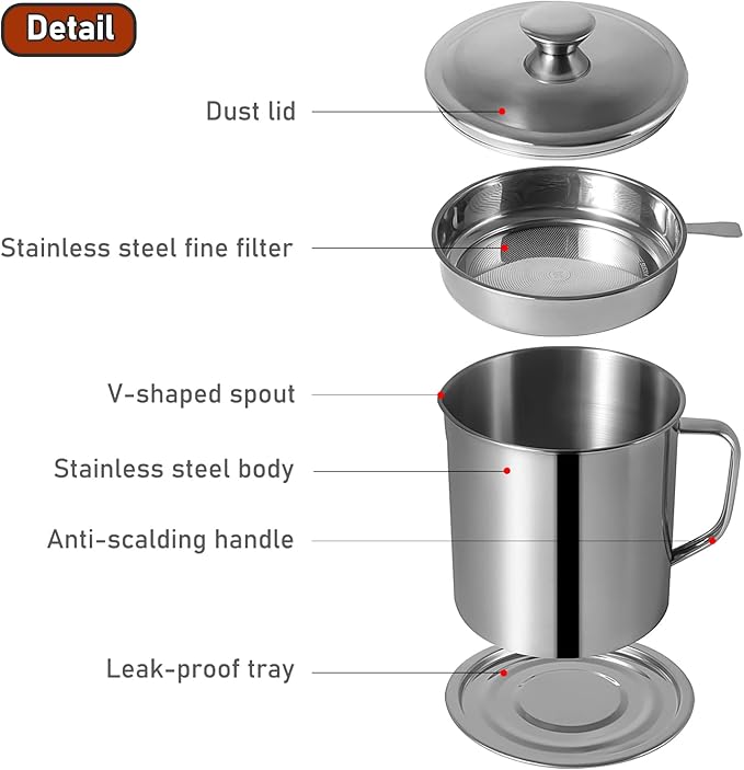 Tellshun Bacon Grease Container with Strainer 1.8 L / 60 oz Kitchen Catcher Food-grade Stainless Steel Cooking Oil Keeper with Lid and Easy-Grip Handle Suitable for Storing Frying Oil