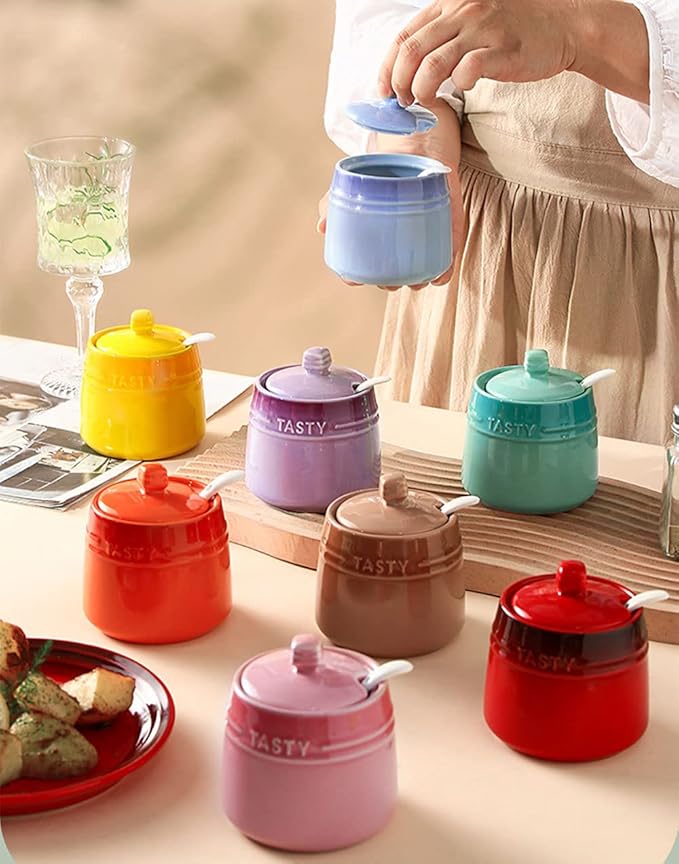 Colourful Ceramic Spice Jar Seasoning Box Condiment Pot Sugar Bowl with Lid Spoon-Orange