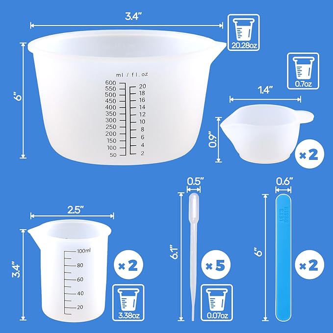 LET'S RESIN Silicone Measuring Cups, 600ml/20oz&100ml Accurate 2 Scales Durable Measuring Cups, Thicker&Non-Stick Resin Mixing Cups, Silicone Stirring Stick, Easy Clean Resin Supplies for Resin Mixing