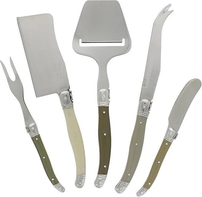 French Home 5-Piece Laguiole Cheese Knives Set with Fork and Slicer – Versatile Charcuterie Board Accessories with Three-Rivet Mist-Colored Handles & Iconic Bee Emblem