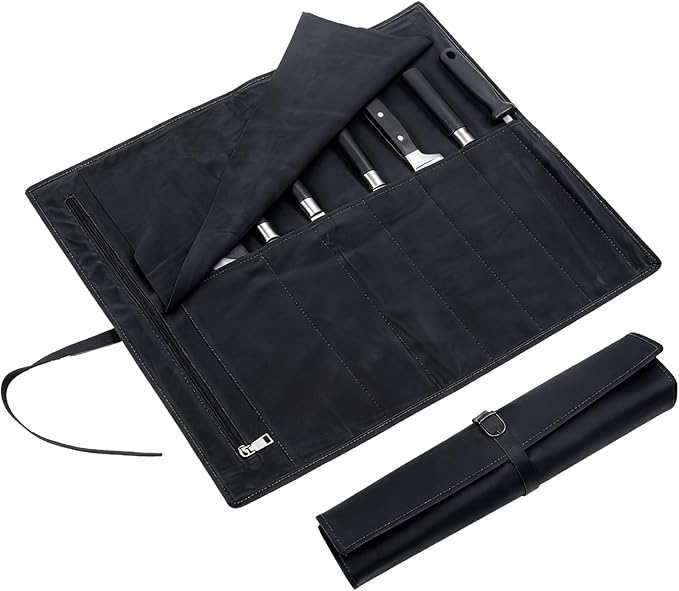 BSLGCTX Leather Knife Roll, Chef Knife Roll Bag, Knives Carrying Case, Culinary Tools Carrying Storage, Portable Travel Storage with 7 Slots & Zipper, Gifts for Chef (Black)