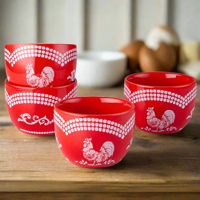 Temp-tations by Tara 8 oz Ramekins Oven Safe in Doodle Red - Set of 4 Creme Brulee Dessert Cups, Small Dipping Bowls for Baking, Ice Cream, Soufflé Dishes or Charcuterie, Ceramic Single Serve Dish