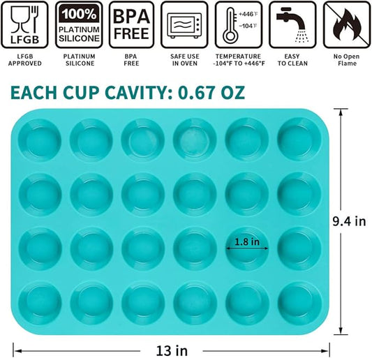CAKETIME Mini Muffin Pan 24 Mini Cupcake Pans Silicone Molds Food Grade Silicone Muffin Pans for Baking Pack of 2