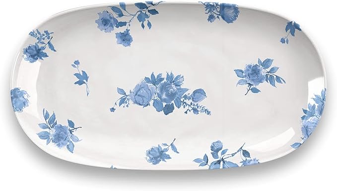 Cottage Blue Floral Oval Small Platter, 12.9 x 6.9-Inch, Pure Melamine, Indoor/Outdoor