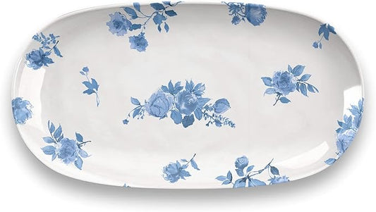 Cottage Blue Floral Oval Small Platter, 12.9 x 6.9-Inch, Pure Melamine, Indoor/Outdoor