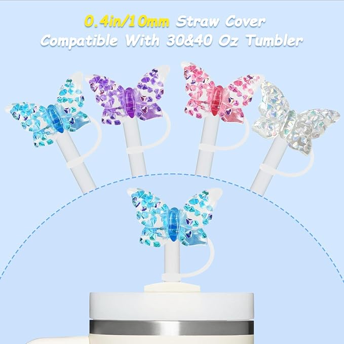 4 Pcs 0.4in Straw Cover for Stanley Cup, Silicone Straw Topper Set for 30&40oz Stanley Tumbler, Fit for 10mm/0.4in Straws (Butterfly)