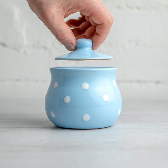 City to Cottage Ceramic Sugar Bowl with Lid, 10oz Contanier for Coffee Bar, Sugar Dispenser Bowl, Salt - Condiment Pot for Kitchen Counter, Handcrafted Sky, Baby Blue Polka Dot Sugar Jar