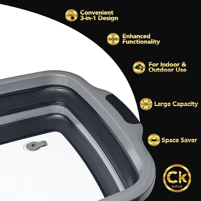 New LARGE Collapsible BBQ Prep Tub /LOCKING Lid, Cutting Board & Drain Hole | BPA-Free, Food-Grade, Recyclable, Space-Saving Buckets for Grilling, Camping, Kitchen & Outdoor Cooking (Black, 8 Liters)