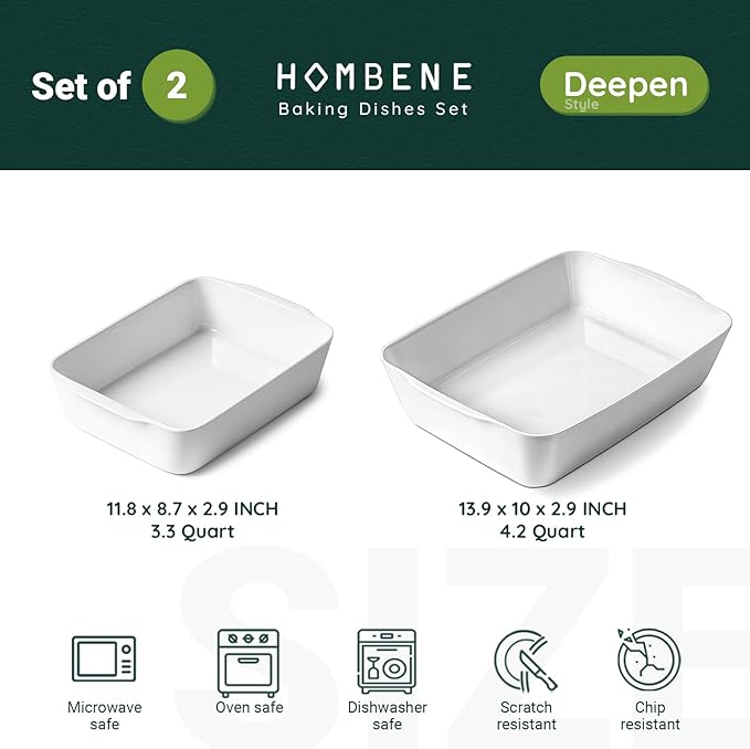 Ceramic Baking Dish Set for 2, Casserole Dish,Ceramic Baking Pan, Bakeware for Baking, Kitchen Decor, Microwave Oven Safe (3.3QT/4.2QT)