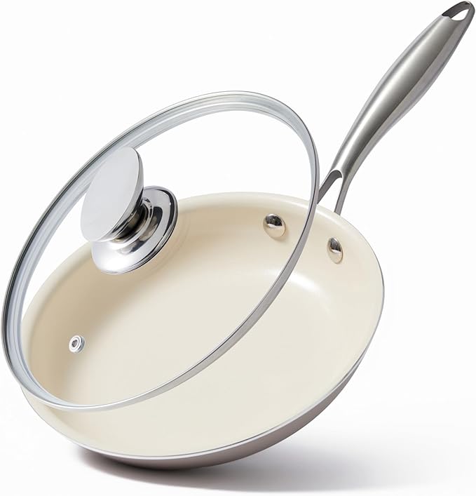 Jovire 8.5 Inch Ceramic Nonstick Frying Pan with lid Skillet - PFAS-Free, Non-Toxic, Oven Safe & Induction Ready, Aluminum Cookware with Stainless Steel Handle