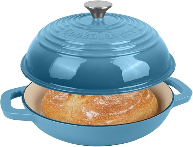 Fijxzct Premium Enameled Cast Iron Dutch Oven for Bread Baking | Non-Stick 5QT Oval Bread Oven with Lid | Perfect for Sourdough, Loaf, and Artisan Baking (Round Blue, 5 QT)