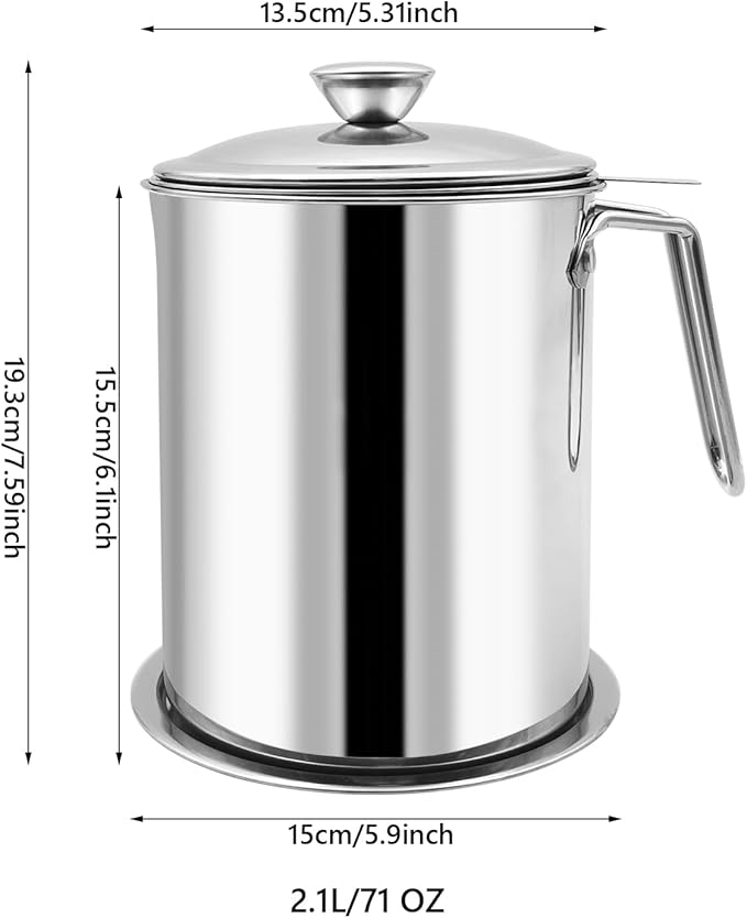 Bacon Grease Container With Strainer, 2.1L Grease Strainer and Container with Dust-Proof Lid, 304 Stainless Steel Oil Filter Storage with Fine Mesh 2.1L