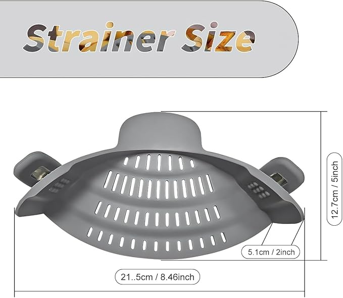Silicone clip-on strainer for all pots and pans, clip-on food strainer for meat, vegetables, fruits and pasta strainer, heat resistant, kitchen gadget, colander