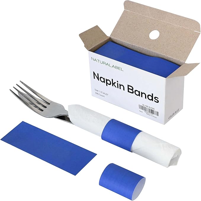 NATURALABEL 500 PCS Paper Napkin Rings with Box, Self-Adhesive Napkin Bands, for Family Meal, Birthday Party, Wedding, Celebration (Blue)
