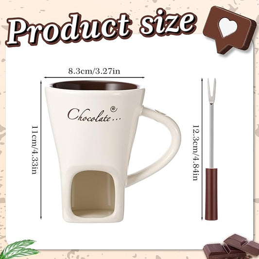 Honeydak 2 Set Chocolate Fondue Mug with Fork and Candle Sweet Ceramic Personal Chocolate Melting Cup Ideal Gifts for Birthday Date Night Birthday Wedding Gifts (White)