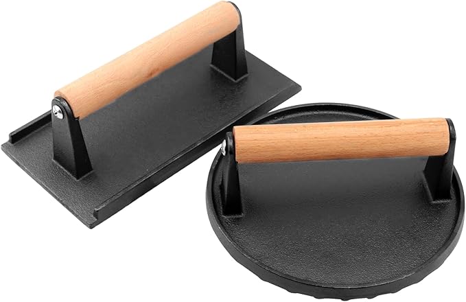 MOUYAT 2 Pack Cast Iron Grill Press, 6.8 Inch Round and 8 Inch Rectangle Heavy Grill Weight Bacon Griddle Press with Wooden Handle, Flat Cooking Weight Press Steak Weights for Bacon Burgers Meat BBQ