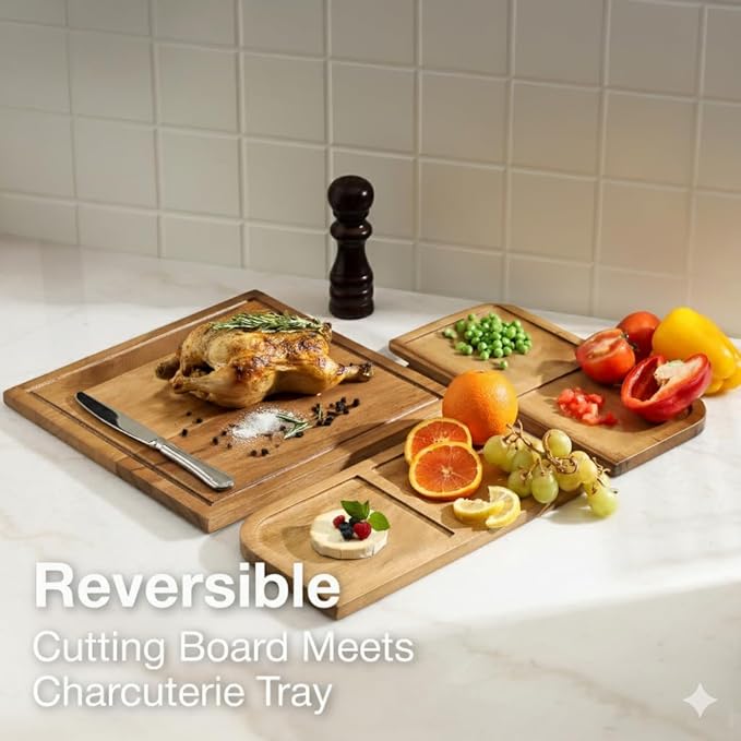 Sango Acacia Cutting Board Set with Juice Grooves and Partitions for Serving, 3-Piece- Wood Chopping Boards, Stackable & Reversible for Kitchen, Non-Toxic, Perfect as Butcher Block Countertop, Atelier
